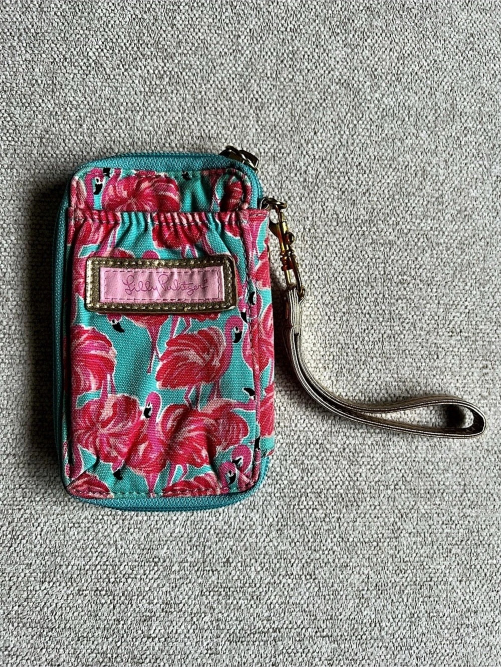 Lilly Pulitzer Flamingo Zip Around ID Wristlet Wallet Blue & Pink